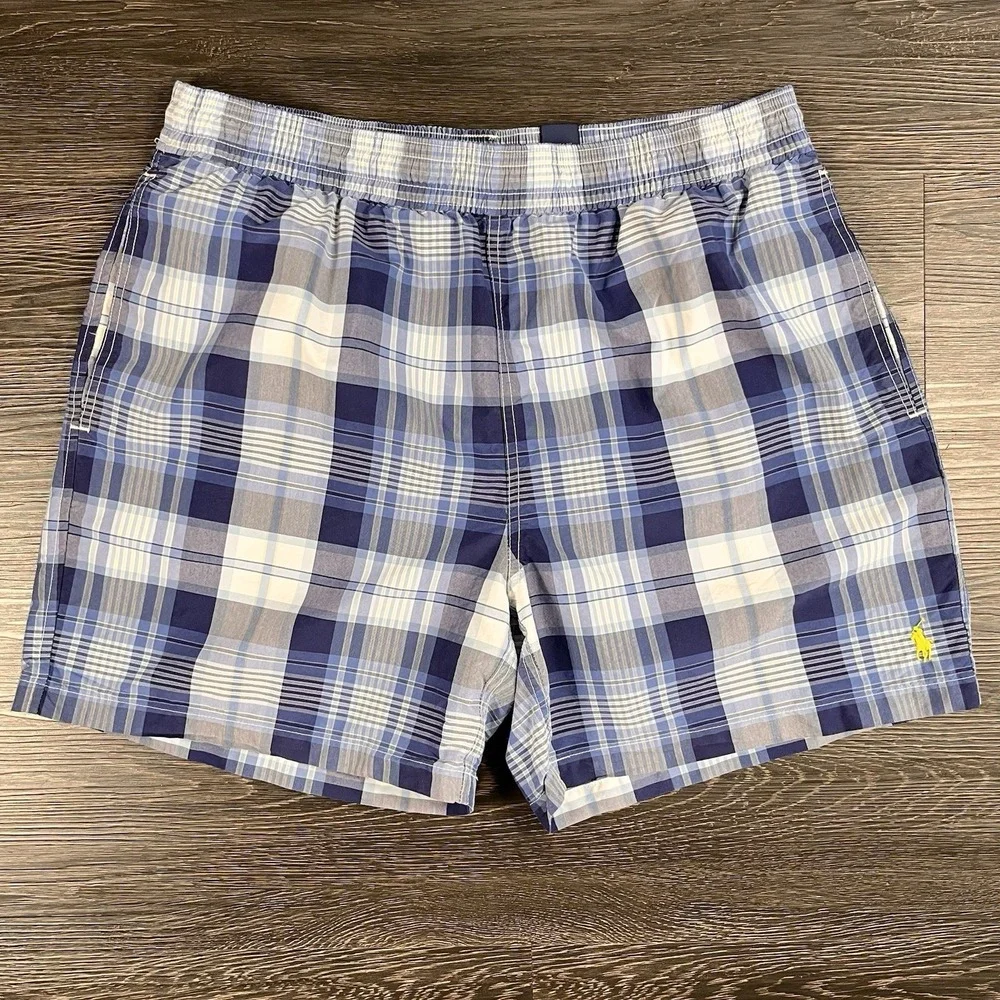 Polo Ralph Lauren Mens Swim Shorts Trunks Blue Plaid‎ XL Lined Resortwear Beach